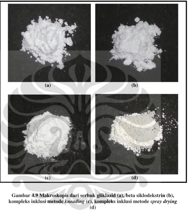 Gambar 4.9 Makroskopis dari serbuk gliklazid (a), beta siklodekstrin (b),  kompleks inklusi metode kneading (c), kompleks inklusi metode spray drying       (d) 