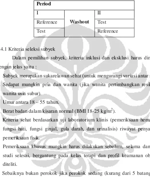 Tabel 2.1 Desain 2-way crossover  Period  I  Washout  II  Reference  Test  Test  Reference 