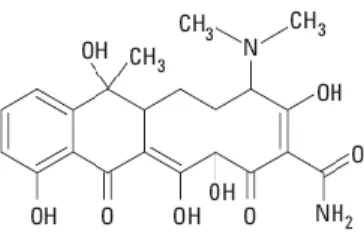 Gambar 1 Struktur kimia tetrasiklin  Oksitetrasiklin  merupakan  tetrasiklin  dengan  tambahan  satu  gugus  OH  pada 