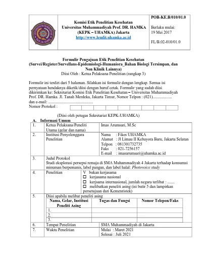 Komisi Etik Penelitian Kesehatan Universitas Muhammadiyah Prof Dr Hamka Kepk Uhamka Jakarta