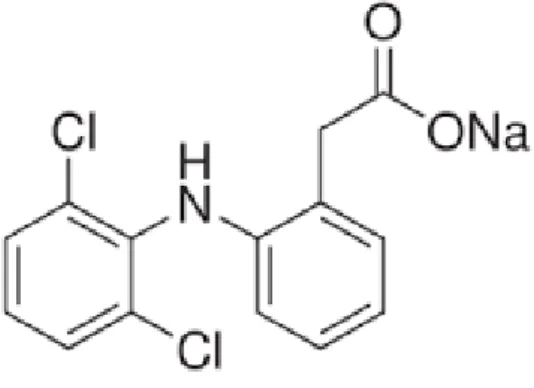 Gambar 1.  Rumus struktur Natrium Diklofenak  Rumus molekul   : C 14 H 10 Cl 2 NNaO 2
