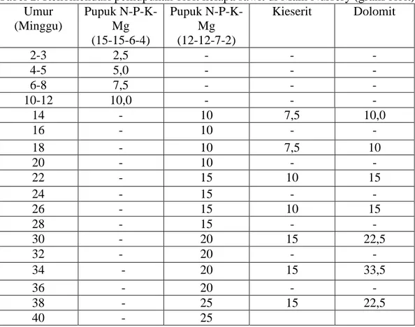 Tabel 2. Rekomendasi pemupukan bibit kelapa sawit di Main Nursery (gram/bibit)  Umur  (Minggu)  Pupuk N-P-K-Mg  (15-15-6-4)  Pupuk N-P-K-Mg (12-12-7-2)  Kieserit  Dolomit  2-3  2,5  -  -  -  4-5  5,0  -  -  -  6-8  7,5  -  -  -  10-12  10,0  -  -  -  14  -