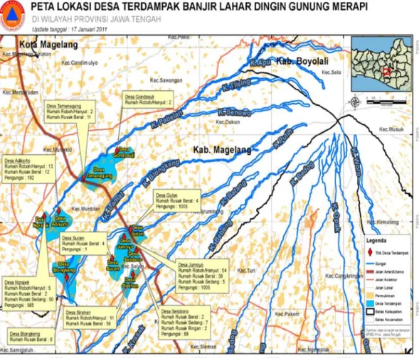 Gambar 1.4. Peta Lokasi Desa Terdampak Banjir Lahar Gunungapi Merapi di  Wilayah Propinsi Jawa Tengah Tahun 2011 