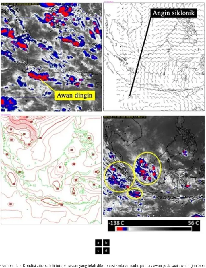 Gambar 4. a.Kondisi citra satelit tutupan awan yang telah dikonversi ke dalam suhu puncak awan pada saat awal hujan lebat  Jakarta  tanggal  31  Januari  2008  jam  08:45  UTC;  b.Kondisi  angin  permukaan;  c.Kondisi  suhu  permukaan; 