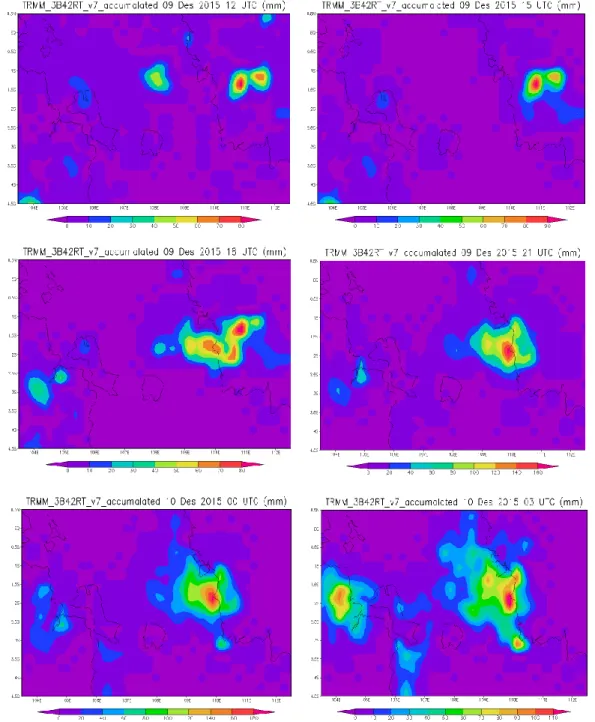 Gambar 4. Curah hujan estimasi TRMM akumulasi 3 jam (mm) dari tanggal 9 Desember 2015  jam 12 UTC – 10 Desember 2015 jam 03 UTC 