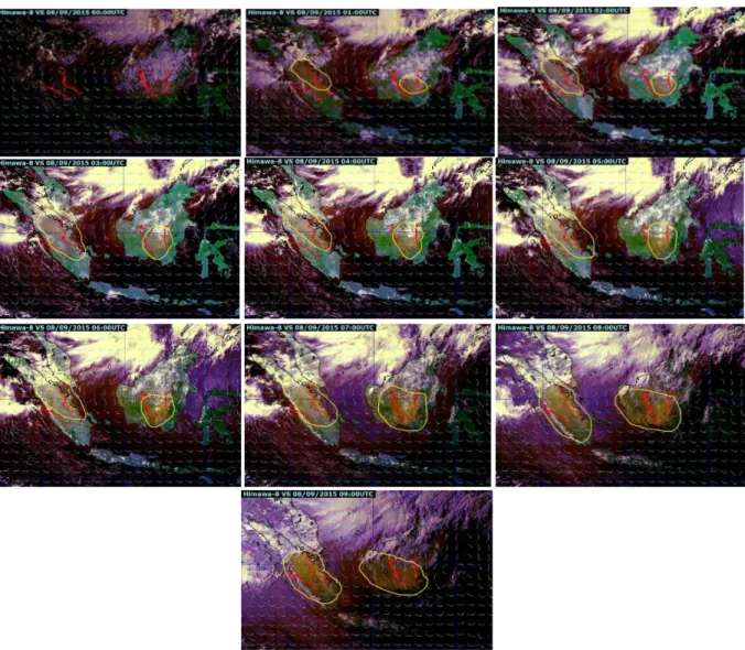 GAMBAR 3. Tampilan citra RGB satelit Himawari 8 dan Trajektori sebaran asap 8 September 2015 