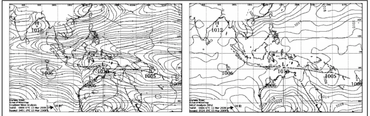 Gambar  Analisis  TLAPS  antara  lain  Stream  Line memperlihatkan  terdapat  pembelokan  angin  di  wilayah  Jawa  bagian  barat  mulai  dari  Timur  Laut  menuju  Tenggara  akibat  adanya  LPA  (Low  Pressure  Area/Pusat  Tekanan  Rendah)  di  wilayah  S