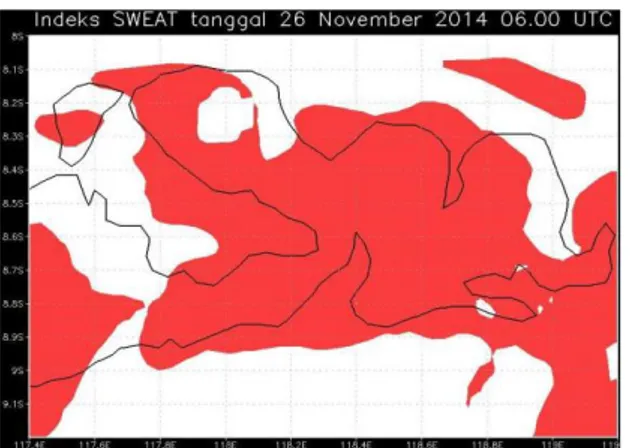 Gambar 7. Indeks SWEAT dan satelit cloud  classification tanggal 26 November 2014 (06.00, dan 