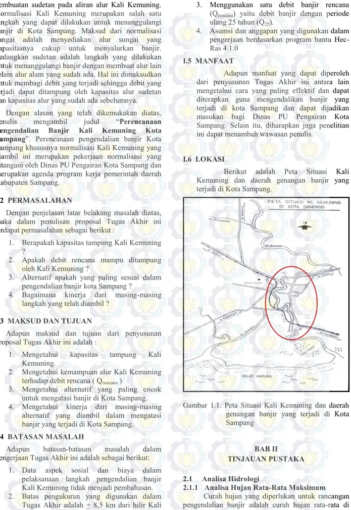 Gambar  1.1.  Peta  Situasi  Kali  Kemuning  dan  daerah  genangan  banjir  yang  terjadi  di  Kota  Sampang 
