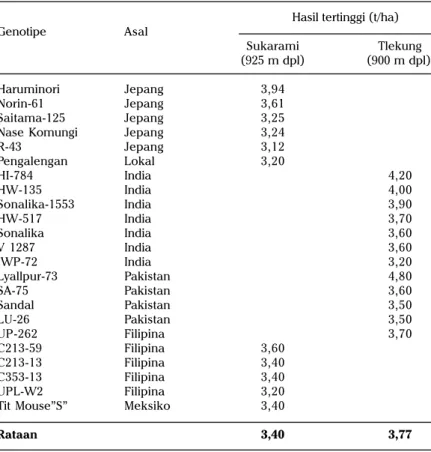 Tabel 1. Genotipe tanaman gandum yang berdaptasi cukup baik pada agroekosistem dataran tinggi di Indonesia, 1987-1988.