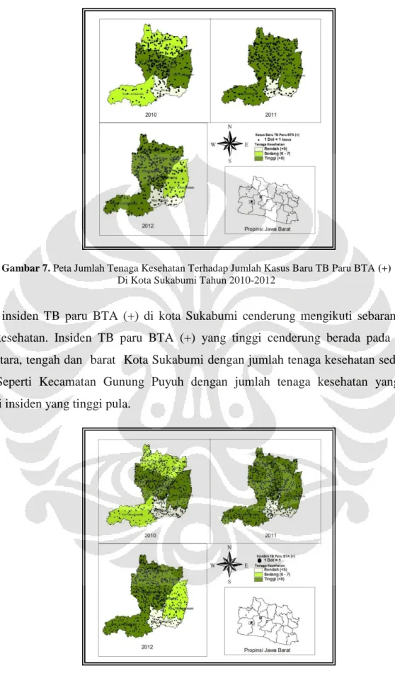 Gambar 7. Peta Jumlah Tenaga Kesehatan Terhadap Jumlah Kasus Baru TB Paru BTA (+)  Di Kota Sukabumi Tahun 2010-2012 