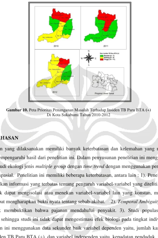 Gambar 10. Peta Prioritas Penanganan Masalah Terhadap Insiden TB Paru BTA (+)  Di Kota Sukabumi Tahun 2010-2012 