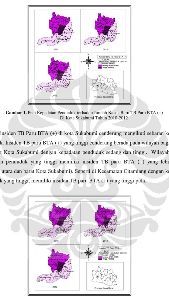 Gambar 1. Peta Kepadatan Penduduk terhadap Jumlah Kasus Baru TB Paru BTA (+) Di Kota Sukabumi Tahun 2010-2012 