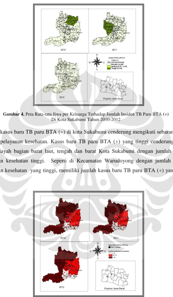 Gambar 4. Peta Rata-rata Jiwa per Keluarga Terhadap Jumlah Insiden TB Paru BTA (+)   Di Kota Sukabumi Tahun 2010-2012 