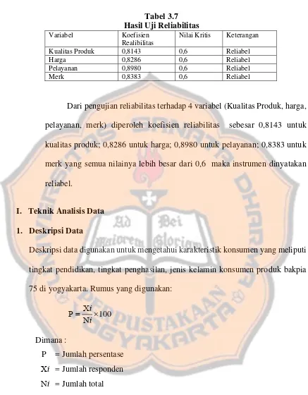 Tabel 3.7 Hasil Uji Reliabilitas 