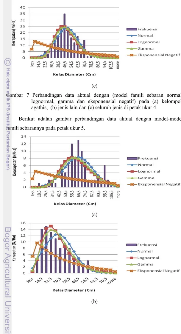 Gambar 7 Perbandingan data aktual dengan (model famili sebaran normal,  lognormal, gamma dan eksponensial negatif) pada (a) kelompok  agathis,  (b) jenis lain dan (c) seluruh jenis di petak ukur 4