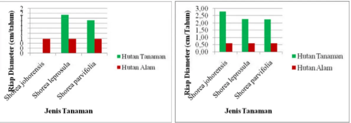 Gambar 2. Riap rata-rata tahunan diameter Shorea johorensis, Shorea leprosula dan Shorea parvifolia RKT berbeda pada hutan tanaman dan hutan alam, Keterangan : (a) RKT 2005, (b) RKT 2007, (c) RKT 2009, dan RKT 2011 (The average annual increment in diameter