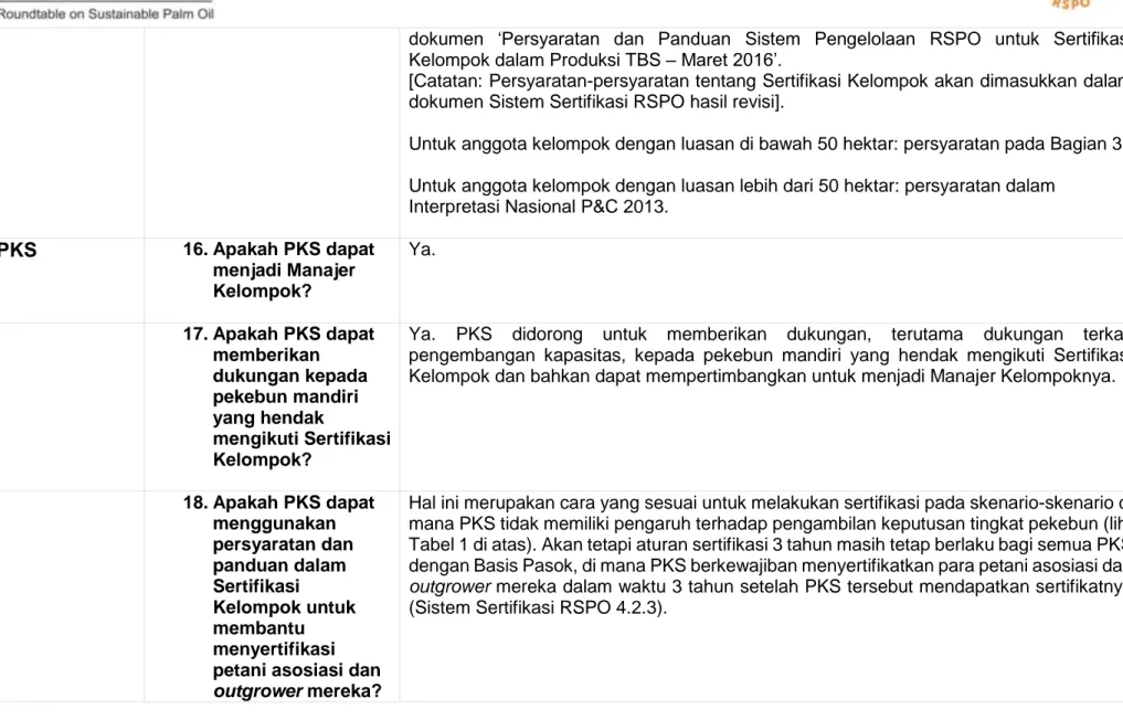 Tabel 1 di atas). Akan tetapi aturan sertifikasi 3 tahun masih tetap berlaku bagi semua PKS  dengan Basis Pasok, di mana PKS berkewajiban menyertifikatkan para petani asosiasi dan  outgrower mereka dalam waktu 3 tahun setelah PKS tersebut mendapatkan serti