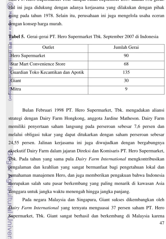 Tabel 5.  Gerai-gerai PT. Hero Supermarket Tbk. September 2007 di Indonesia 