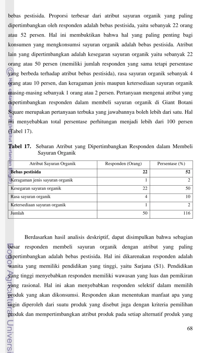 Tabel 17.    Sebaran Atribut yang Dipertimbangkan Responden dalam Membeli  Sayuran Organik 