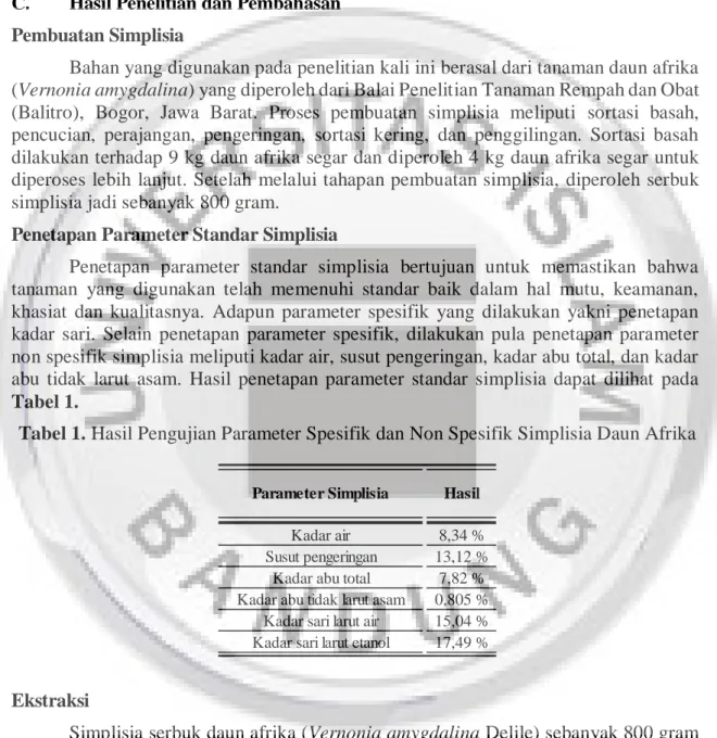 Tabel 1. Hasil Pengujian Parameter Spesifik dan Non Spesifik Simplisia Daun Afrika 