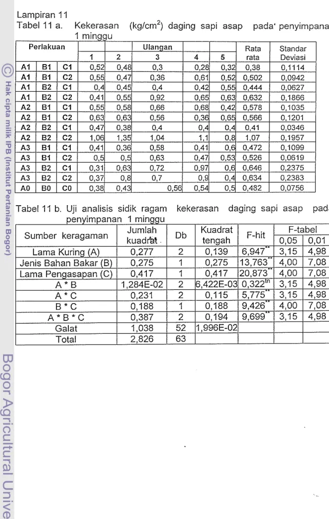 Tabel 11 b.  Uji  analisis  sidik  ragam  kekerasan  daging  sapi  asap  pada 