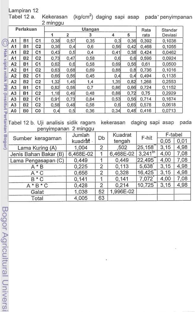 Tabel  12  a.  Kekerasan  (kg/cm2) daging  sapi  asap  pada' penyimpanan 