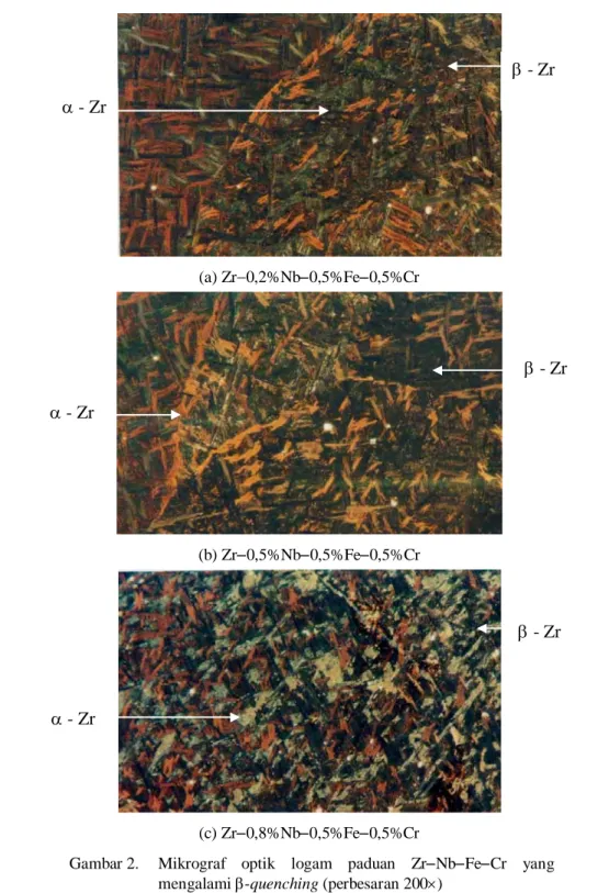Gambar  2.  Mikrograf optik logam paduan Zr−Nb−Fe−Cr yang  mengalami β-quenching (perbesaran 200×) 