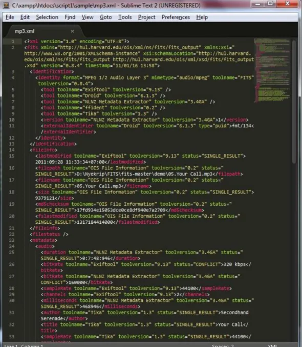 Gambar  di  bawah  ini  merupakan  sedikit  dari  potongan  script  XML  yang dihasilkan oleh FITS dalam mengekstraksi file  MP3