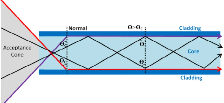 Gambar 7. Sudut dimana sinar dapat diterima oleh serat     optik (Keiser, 2000) 