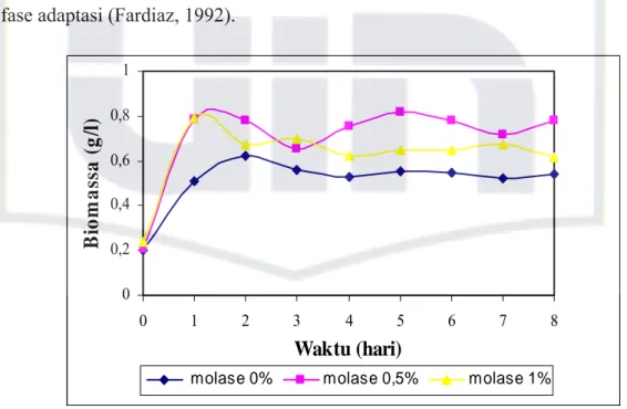 Gambar 4.1. Pola Pertumbuhan Biomassa Isolat khamir R1 dalam Medium  Ekstrak Ubi Jalar dengan Variasi Kadar Molase pada Fermentor  Air-lift Skala 18 Liter 