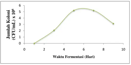 Grafik 1. Pengaruh waktu fermentasi terhadap jumlah koloni   (Saccharomyces cerevisiae) 