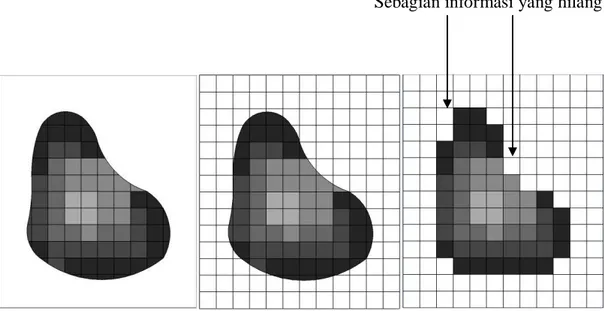 Gambar 2.3 (a) Citra Digital, (b) Citra Digital Disampling Menjadi 14 Baris dan 12  Kolom, (c) Citra Digital Hasil Sampling Berukuran 14 x 12 Piksel 