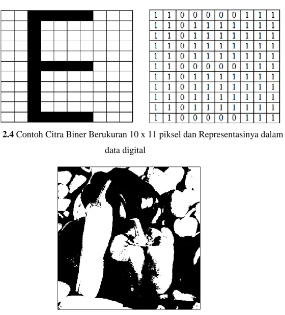 Gambar 2.4 Contoh Citra Biner Berukuran 10 x 11 piksel dan Representasinya dalam  data digital 