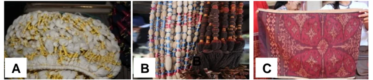 Gambar  1.  Penentuan  warna  benang.  A  dan  B;  Proses  nganyin  dan  mebed,  C.  Salah  satu motif kain tenun pegringsingan ( koleksi pribadi) 