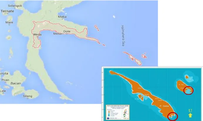 Gambar 1  Peta  lokasi  kegiatan  pengembangan  budi  daya  ikan  kerapu  di  Pulau  Gebe,  Halmahera  Tengah  (a