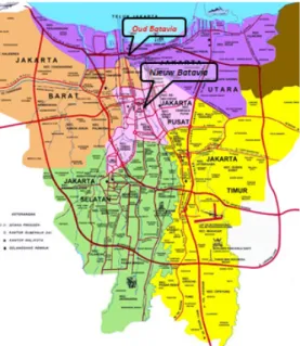 Gambar 1.  Wilayah  DKI  Jakarta  sekarang  (Sumber:  “Peta  Jakarta  Lengkap:  Barat,  Timur,  Utara, Selatan &amp; Pusat,” n.d.).