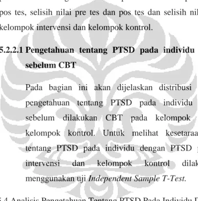 Tabel 5.4 Analisis Pengetahuan Tentang PTSD Pada Individu Dengan PTSD  Sebelum Dilakukan CBT Di Kelurahan Air Tawar Barat Tahun 2010 ( N = 78 ) 