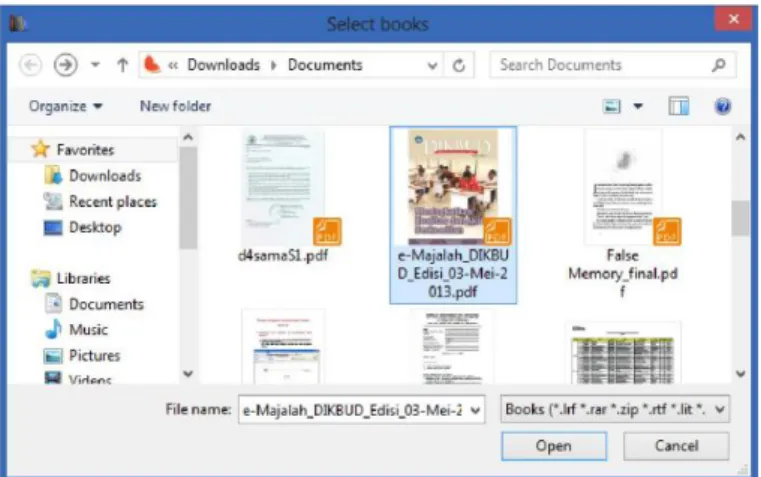 Gambar 4.8 Jendela Pop-Up untuk memilih file HTML pada Calibre  Pilih file Anda dan klik Convert E-books
