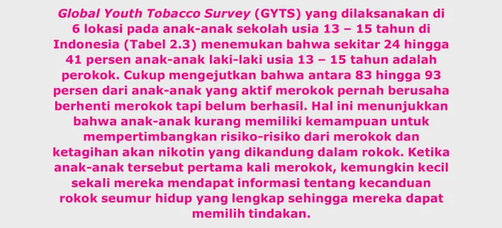 Tabel 2.3. Ringkasan Global Youth Tobacco Surveys di Indonesia untuk Kelompok Umur 13-15 tahun (Kelas 1-3 SMP), 2004-2006