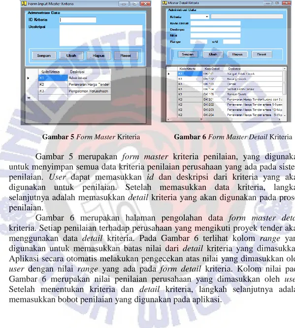 Gambar  5  merupakan  form  master  kriteria  penilaian,  yang  digunakan  untuk menyimpan semua data kriteria penilaian perusahaan yang ada pada sistem  penilaian