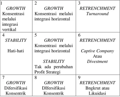 Diagram tersebut dapat mengidentifikasikan 9 sel strategi perusahaan,  tetapi  pada  prinsipnya  kesembilan  sel  itu  dapat  dikelompokkan  menjadi  tiga strategi utama, yaitu: 