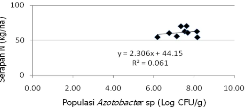 Gambar 2. Hubungan populasi Azotobacter sp dengan serapan hara N  tanaman kedelai pada fase berbunga