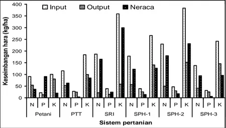 Gambar 1.  Neraca hara N, P, dan K pada berbagai sistem pertanian pada lokasi penelitian  di Cirusa, Banten MT 2009  