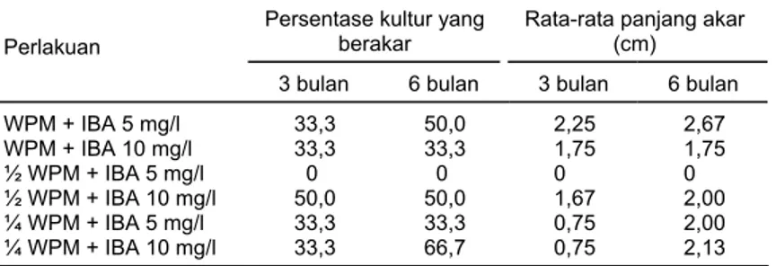 Tabel 6. Pengaruh beberapa formula WPM dan konsentrasi IBA terhadap  persentase biakan yang berakar dan panjang akar pada umur 3 dan 6  bulan 