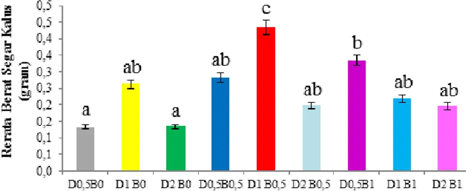 Gambar 2. Hubungan antara rerata berat kering kalus sambung nyawa dengan variasi  konsentrasi zat pengatur tumbuh 2,4-D dan BAP 