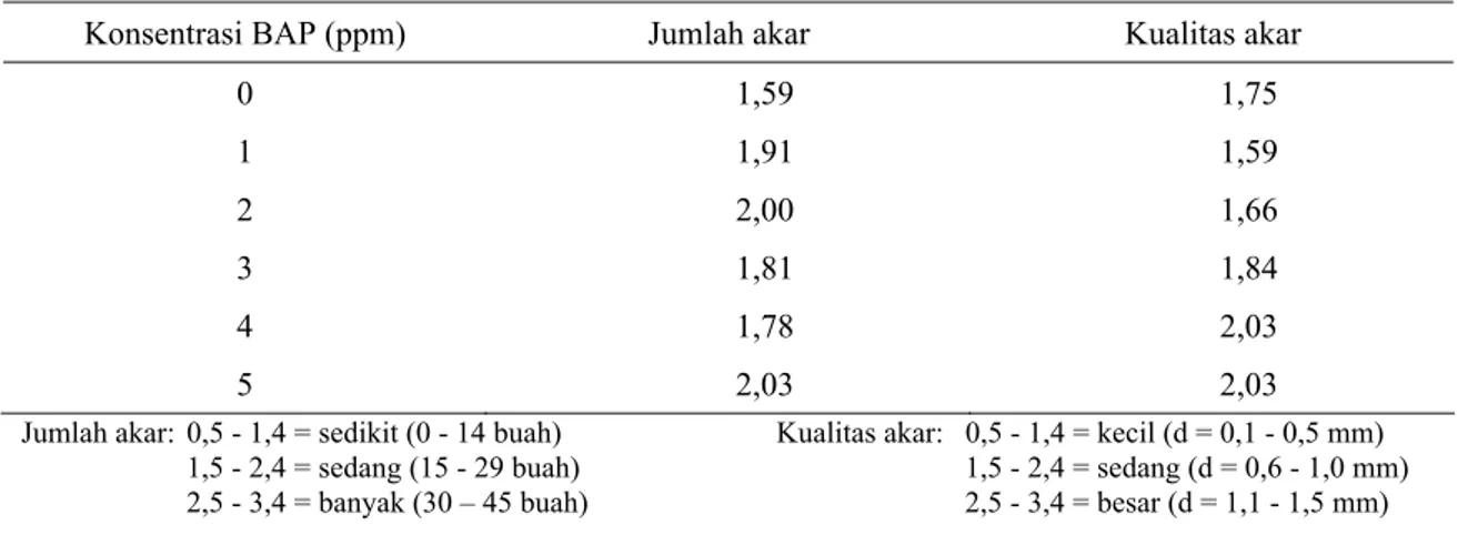 Tabel 2. Pengaruh konsentrasi BAP terhadap jumlah dan kualitas akar pada 8 MST. 