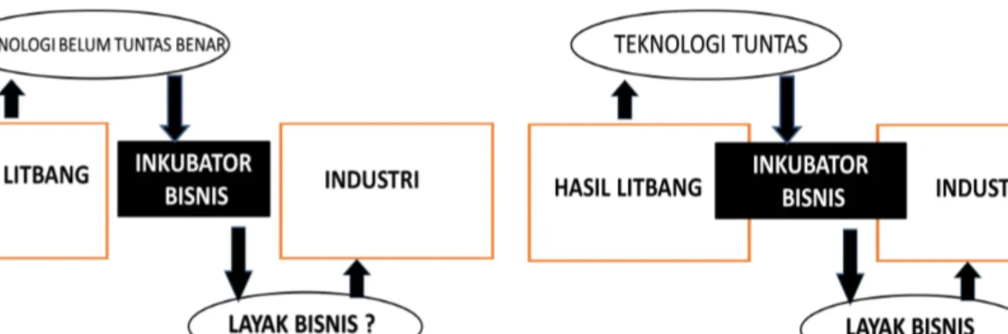 Gambar 1. Diagram alur mekanisme hasil litbang hingga ke industri, kondisi saat ini hasil litbang dan industri (kiri), kondisi yang diharapkan hasil litbang langsung memenuhi kebutuhan industri dan masyarakat (kanan).