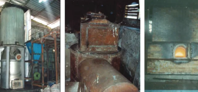 Gambar 5. Contoh aplikasi cyclon burner pada industri oil heater (kiri), Zn-galvanisasi (tengah), dan smelter timah (kanan)