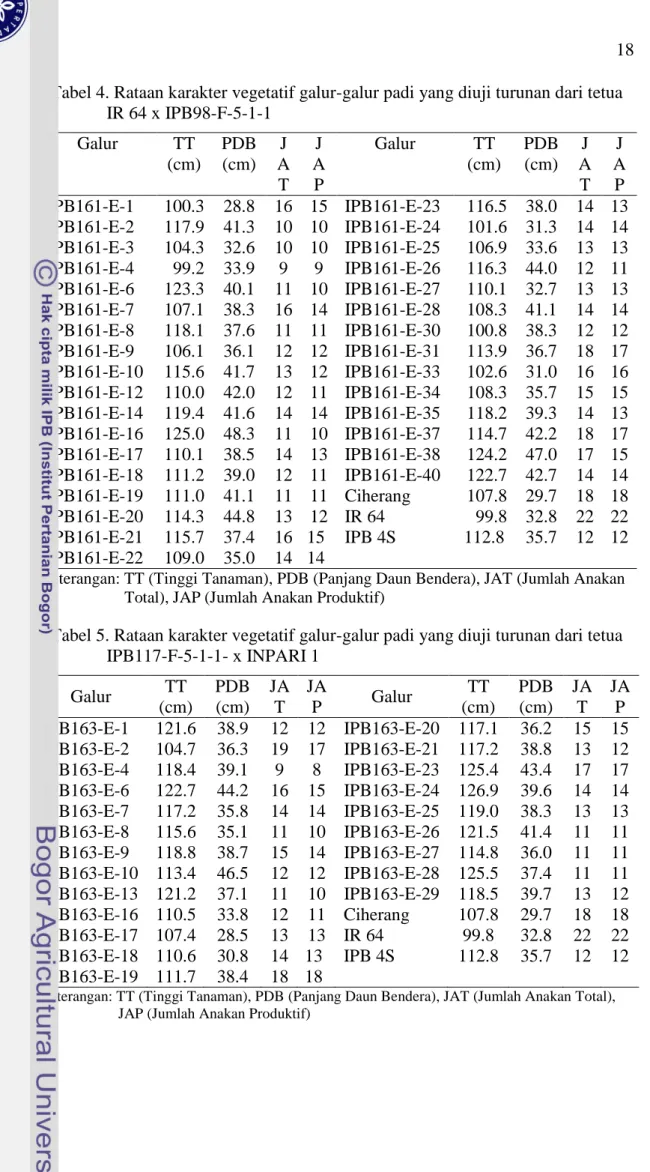 Tabel 4. Rataan karakter vegetatif galur-galur padi yang diuji turunan dari tetua    IR 64 x IPB98-F-5-1-1  Galur  TT  (cm)  PDB (cm)  J A T  J A P  Galur  TT  (cm)  PDB (cm)  J A T  J A P  IPB161-E-1  100.3  28.8  16  15  IPB161-E-23  116.5  38.0  14  13 